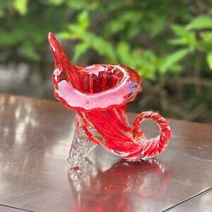 Vintage Red Art Glass Cornucopia Vase MCM Murano Style Swirl Horn of Plenty